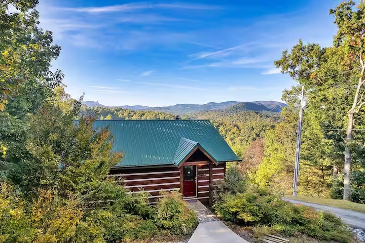 A charming brown log cabin with a bright green metal roof nestled among green trees with a mountain backdrop.