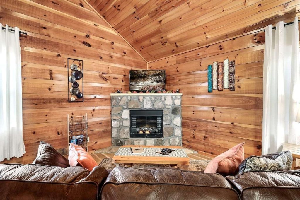 Gemini said A cozy, rustic living room featuring light-toned wood-paneled walls and a matching vaulted ceiling.