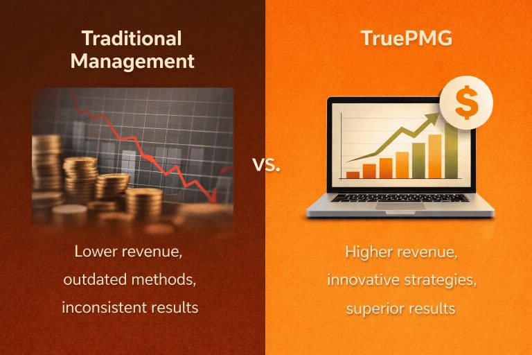 A side-by-side comparison titled "Traditional Management vs. TruePMG." Traditional Management shows a declining red line graph and gold coins with the text "Lower revenue, outdated methods, inconsistent results." TruePMG shows a laptop with a rising green line graph and a dollar sign icon with the text "Higher revenue, innovative strategies, superior results".