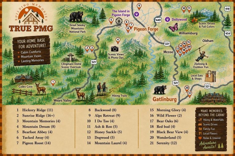 Illustrated map of Smoky Mountains TN showing Gatlinburg, Pigeon Forge, cabin rentals, hiking trails, scenic views, and Great Smoky Mountains National Park attractions.