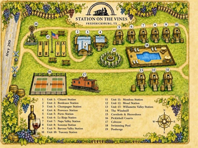 Illustrated site map of "Station on the Vines" in Fredericksburg, Texas. The map features an antique, vineyard-themed design framed by grapevines, wine bottles, and barrels. It displays numbered locations across a green property, including individual station-themed guest units (Units 1 to 13), an outdoor swimming pool, a pickleball court, a caboose, a windmill, a cornhole and horseshoes area, and a stone circle labeled "Poohenge." A comprehensive numbered legend at the bottom details each amenity and wine-inspired guest unit.